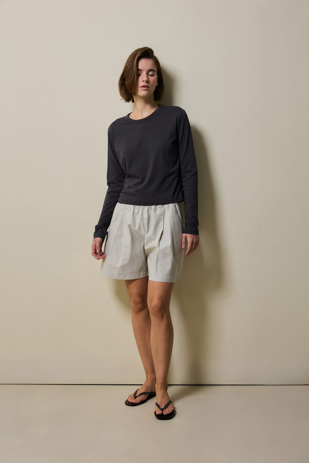 Cotton Blend Double Pleat Banding Shorts _ Soft Stone