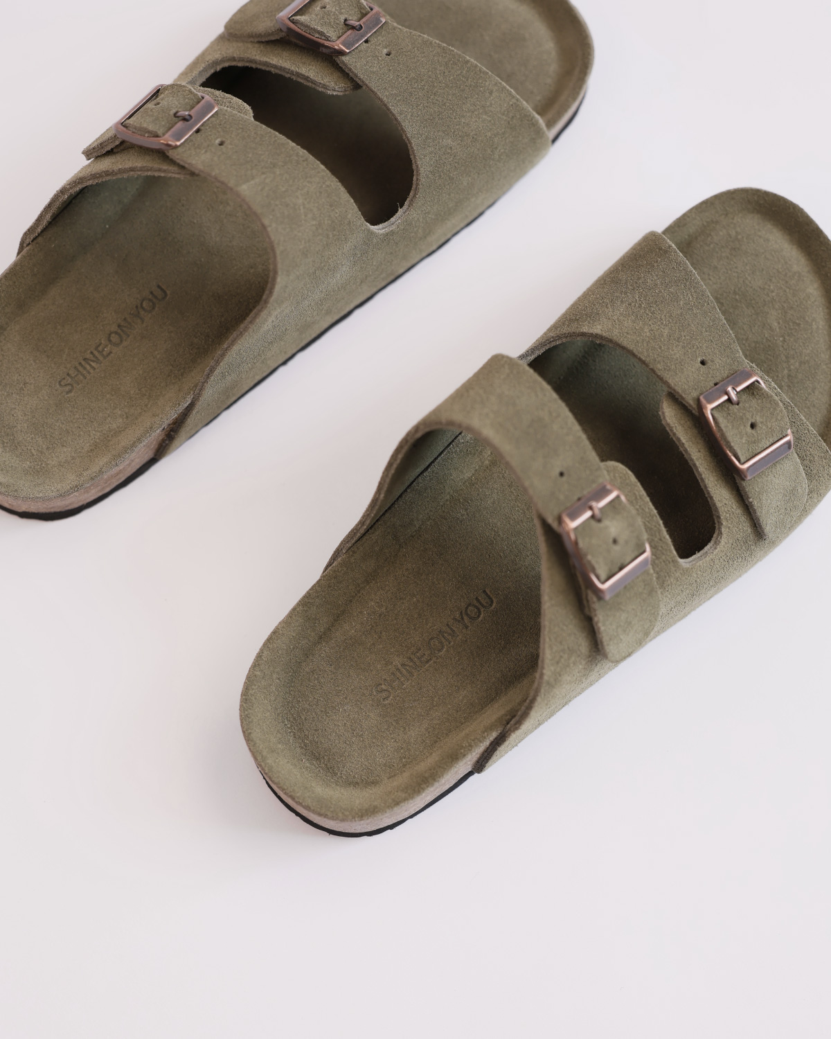 Suede Leather Double Buckle Slide Sandals_Sand Beige