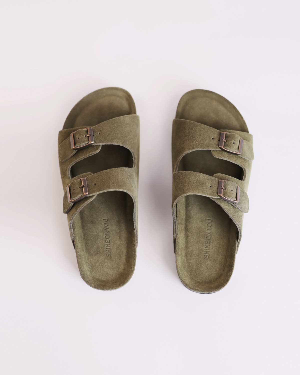 Suede Leather Double Buckle Slide Sandals_Sand Beige
