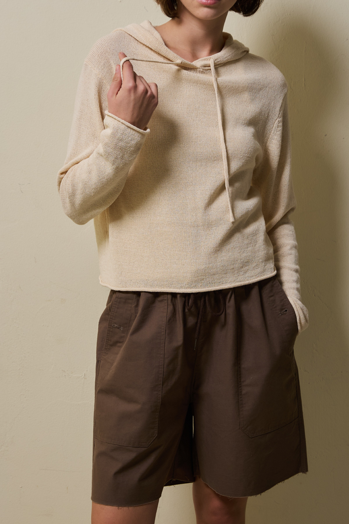 Airy Linen Blend Slim Knit Hoodie _ Soft Light Beige