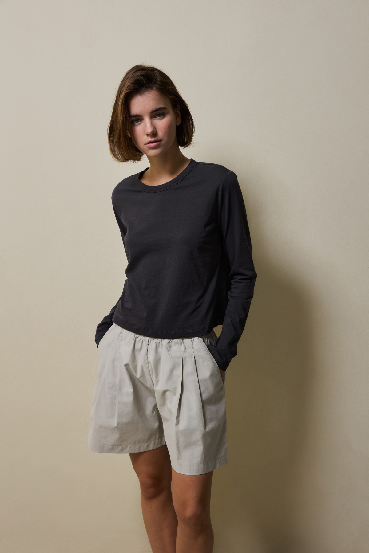 Cotton Blend Double Pleat Banding Shorts _ Soft Stone