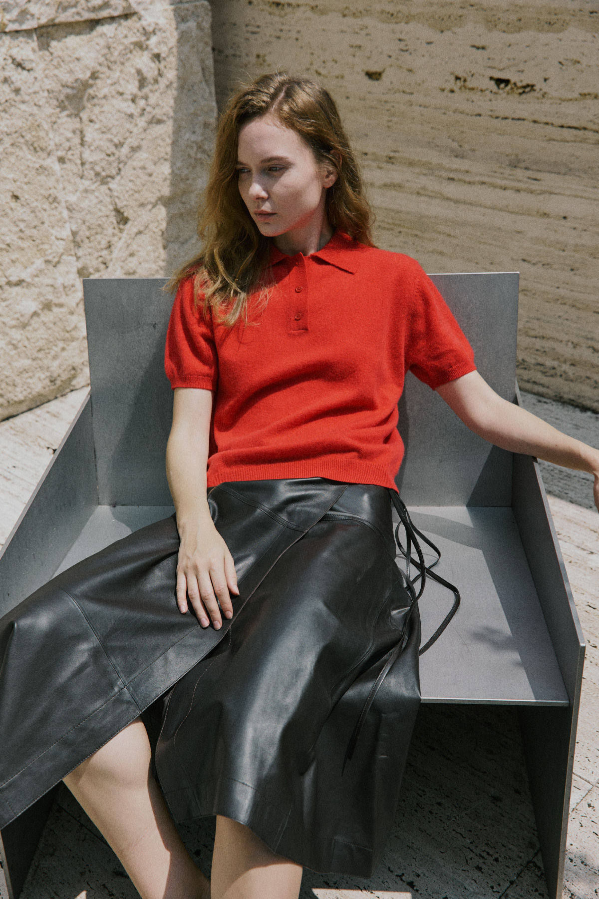 100%Premium Cashmere Polo Knit_Red 100%프리미엄 캐시미어 카라 반팔 니트_레드