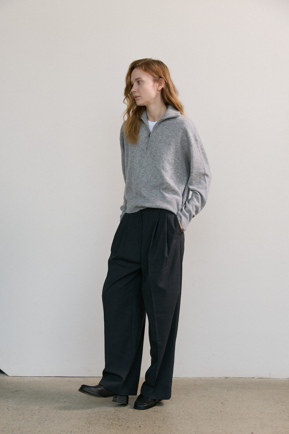 100%Premium Cashmere Half-Zip Turtleneck Knit_Grey 100% 프리미엄 캐시미어 반집업 터틀넥 니트_그레이