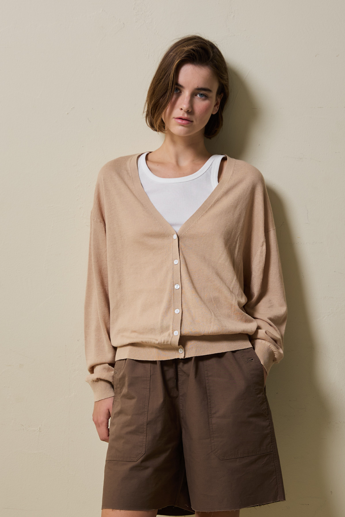 Linen Cotton Loose Fit Knit Cardigan _ Neutral Beige