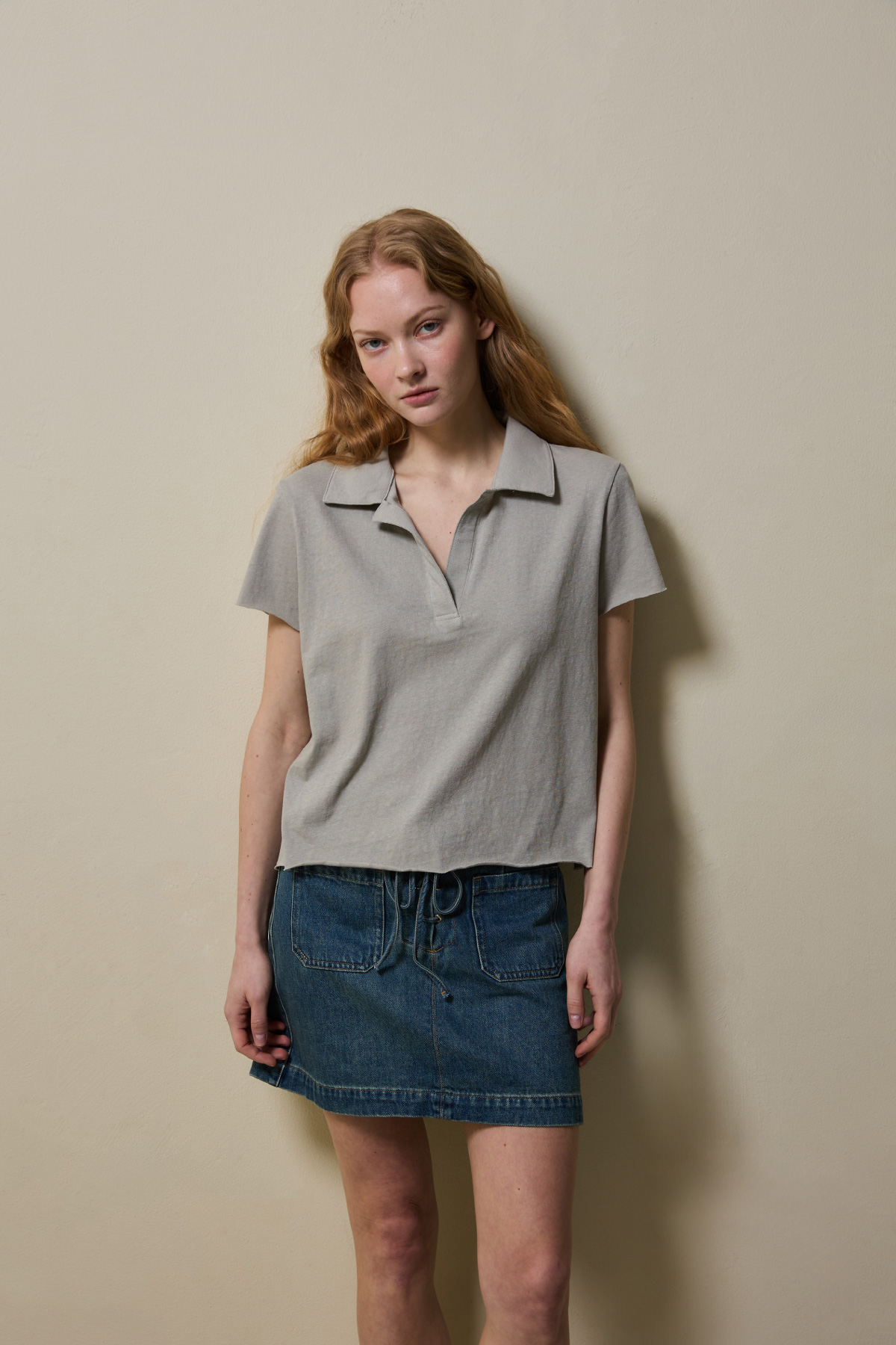 Cotton Jersey Collared T-Shirt _ Olive Grey