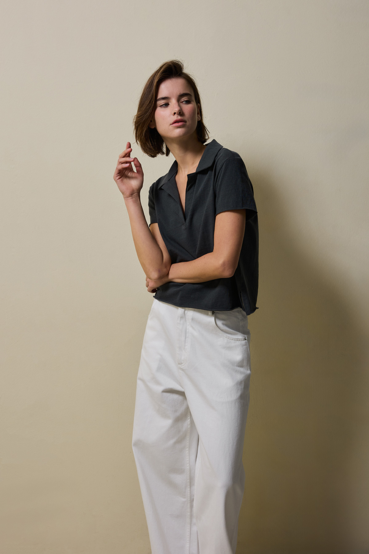 Cotton Jersey Collared T-Shirt _ Deep Charcoal