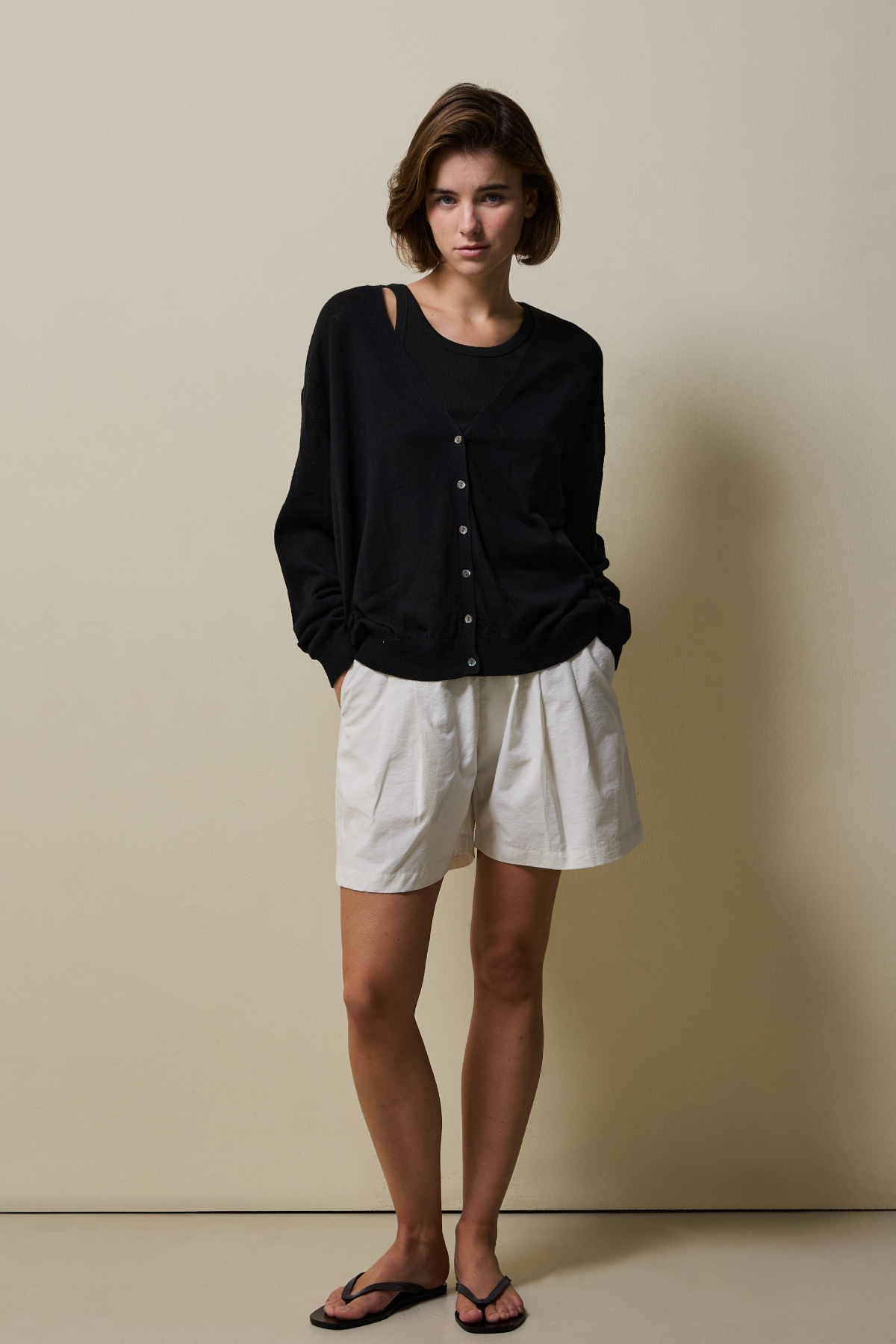 Linen Cotton Loose Fit Knit Cardigan _ Pure Black