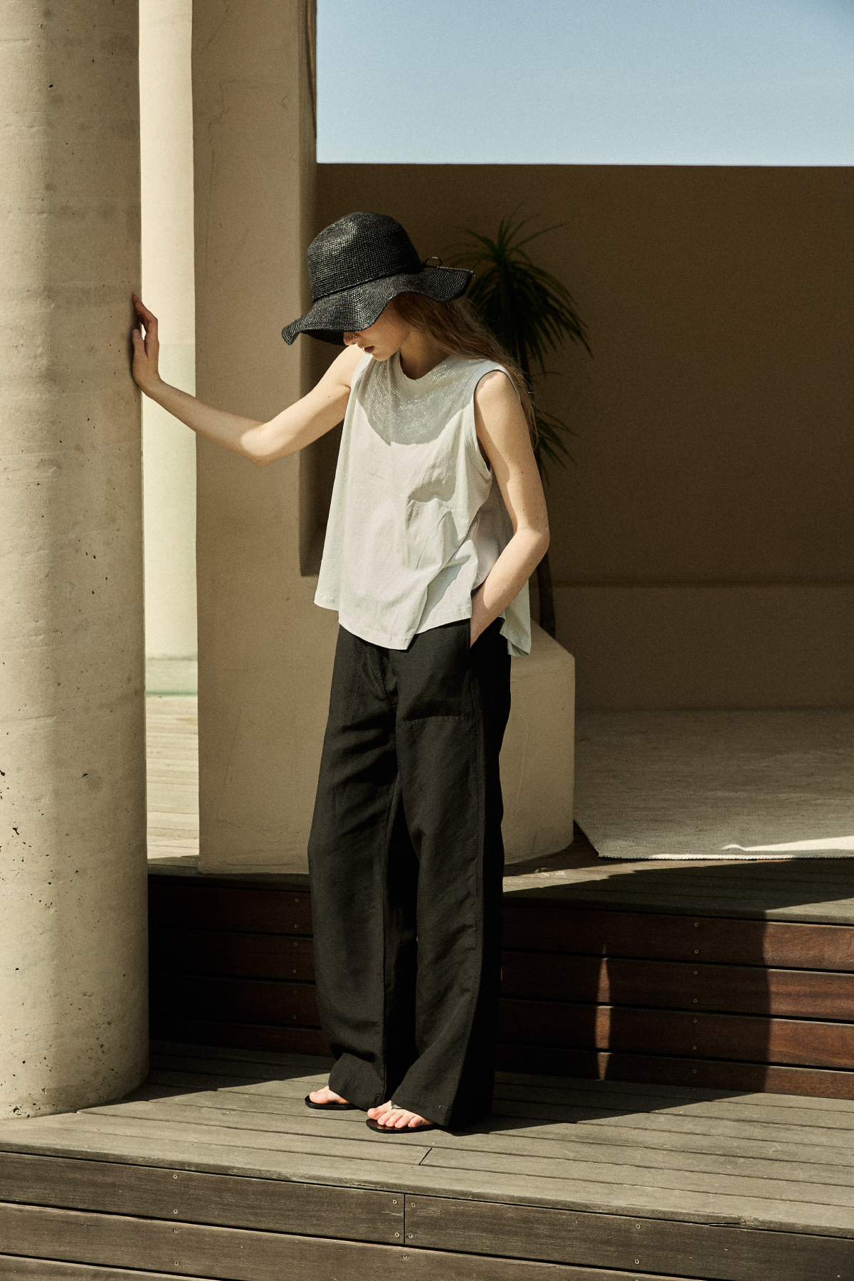Tencel Linen Wide Banding Pants _ Black