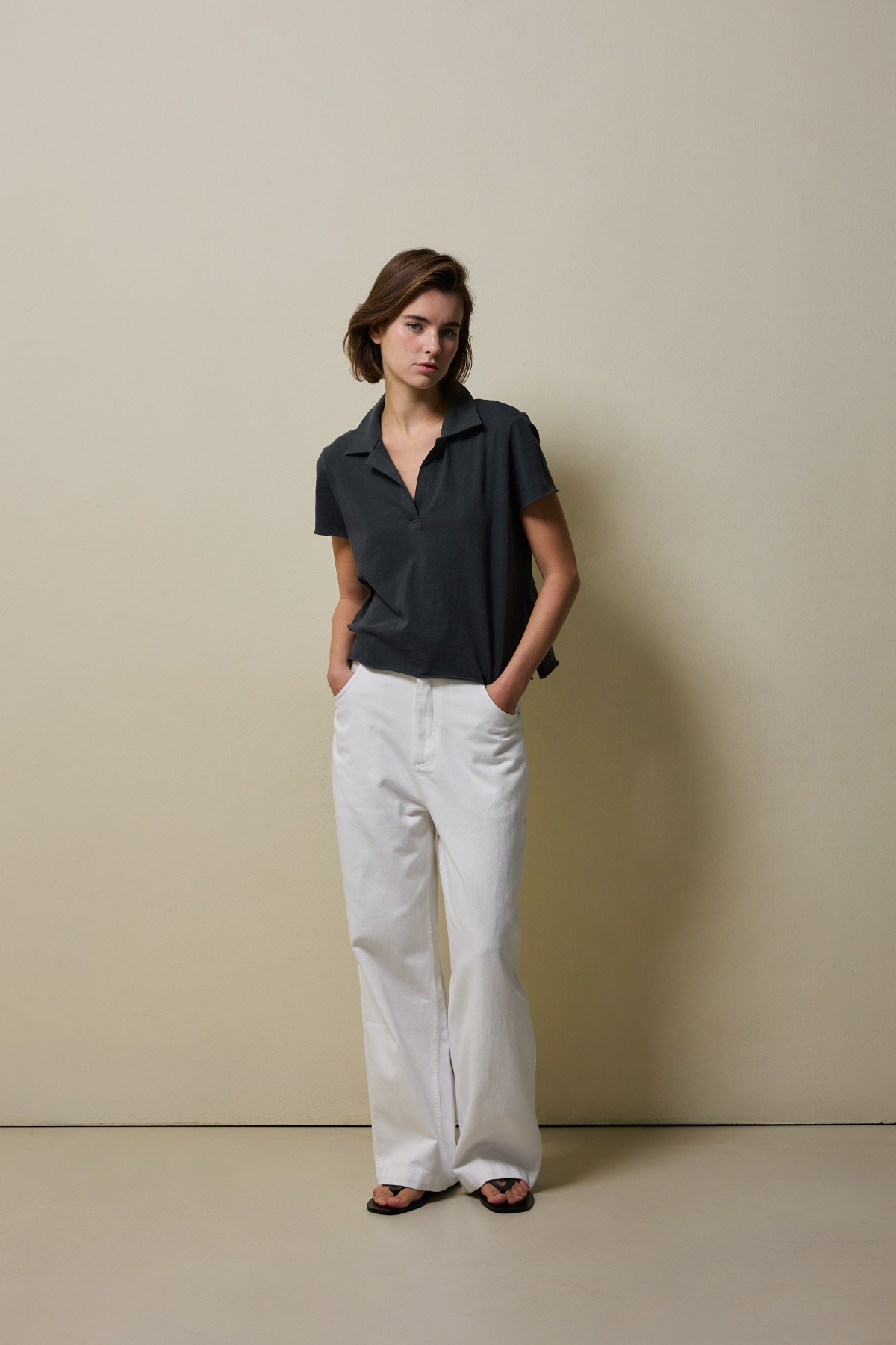 Cotton Jersey Collared T-Shirt _ Deep Charcoal