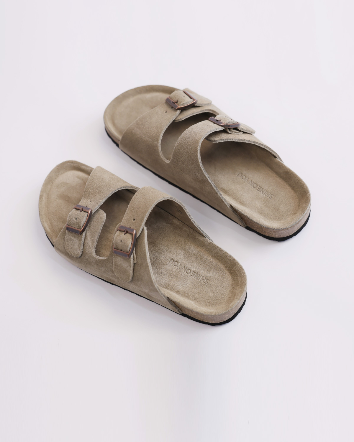 Suede Leather Double Buckle Slide Sandals_Sand Beige
