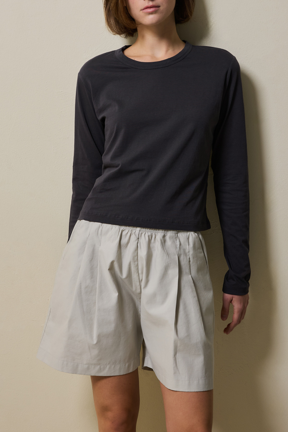 Cotton Blend Double Pleat Banding Shorts _ Soft Stone