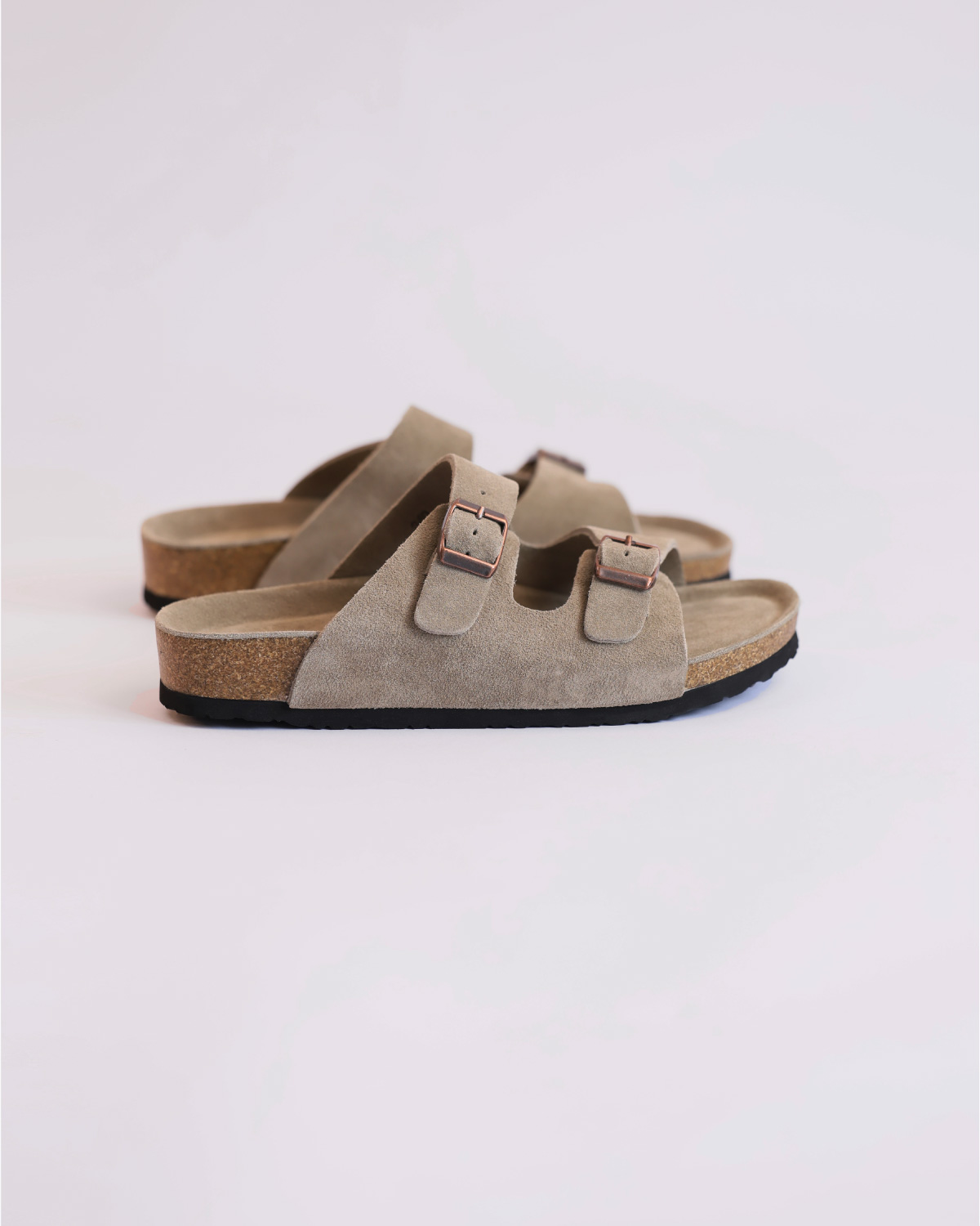 Suede Leather Double Buckle Slide Sandals_Sand Beige
