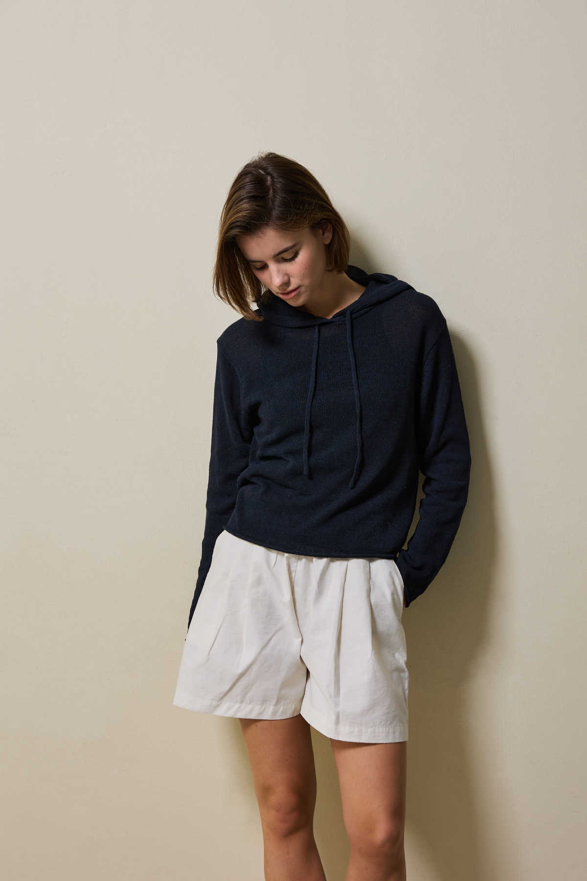 Cotton Blend Double Pleat Banding Shorts _ Pure Ivory