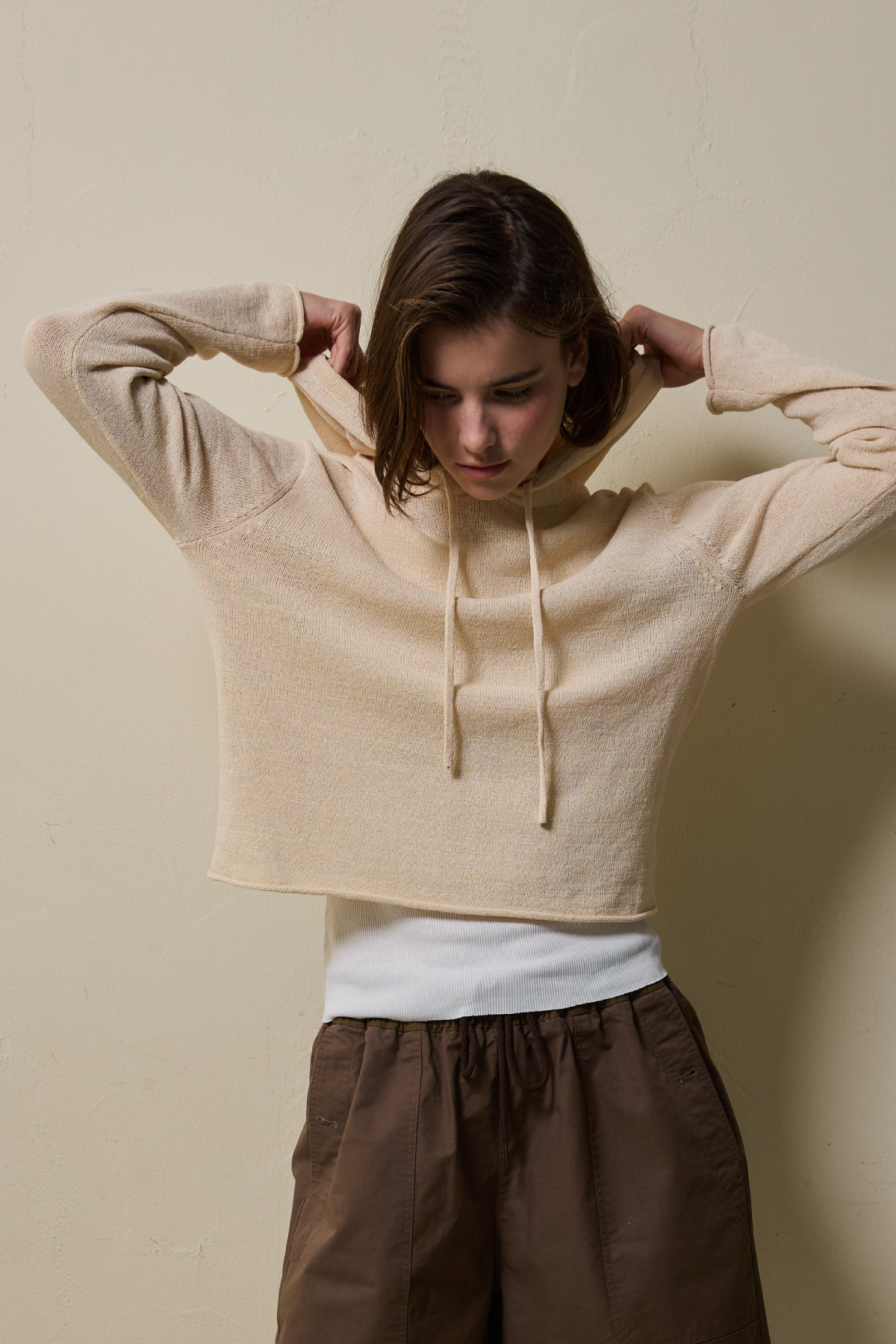 Airy Linen Blend Slim Knit Hoodie _ Soft Light Beige