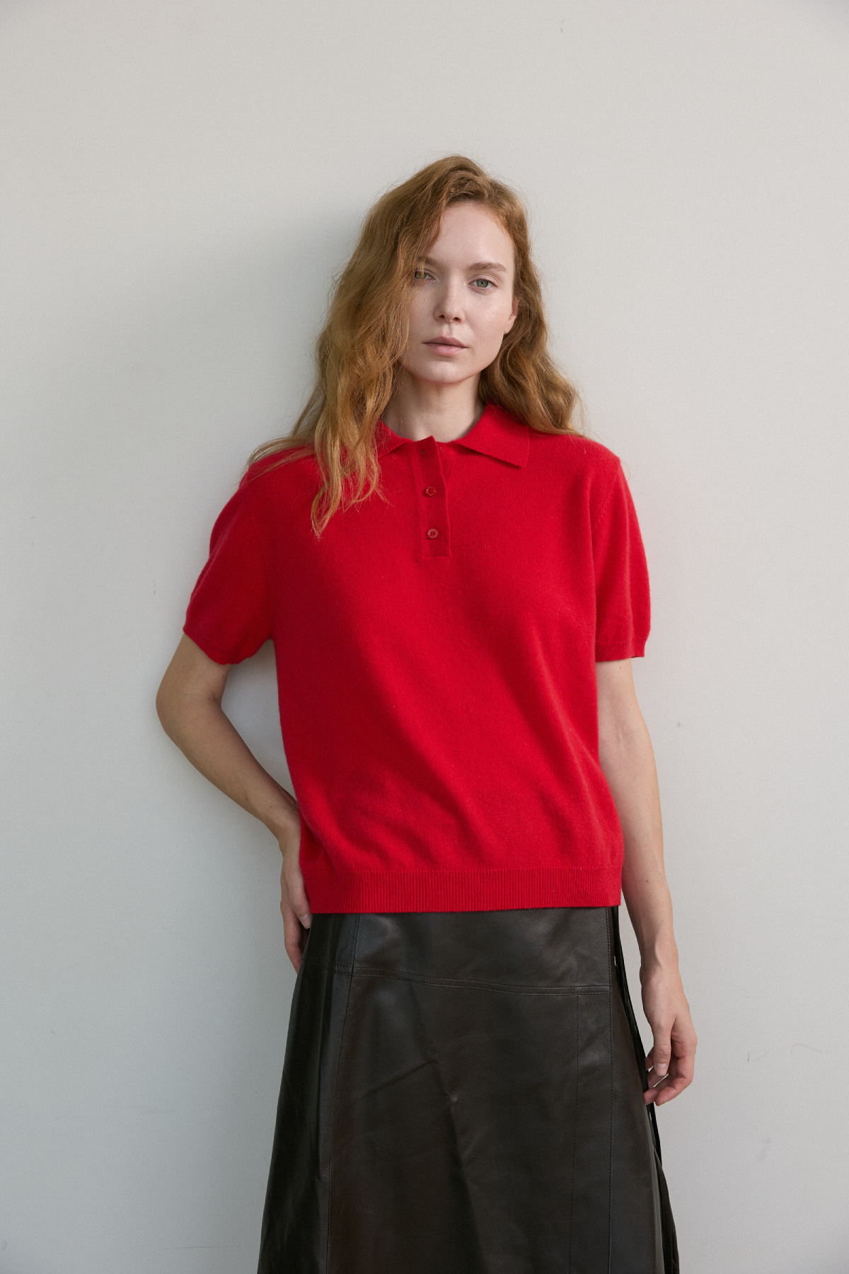100%Premium Cashmere Polo Knit_Red 100%프리미엄 캐시미어 카라 반팔 니트_레드
