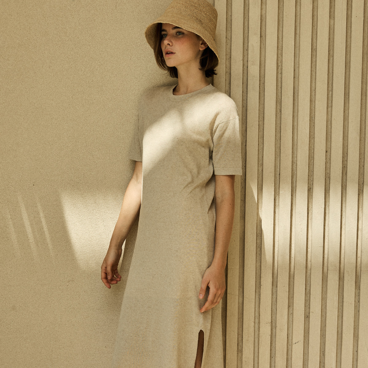 Linen Cotton Knit Long Dress (Slip Set) _ Sand Beige
