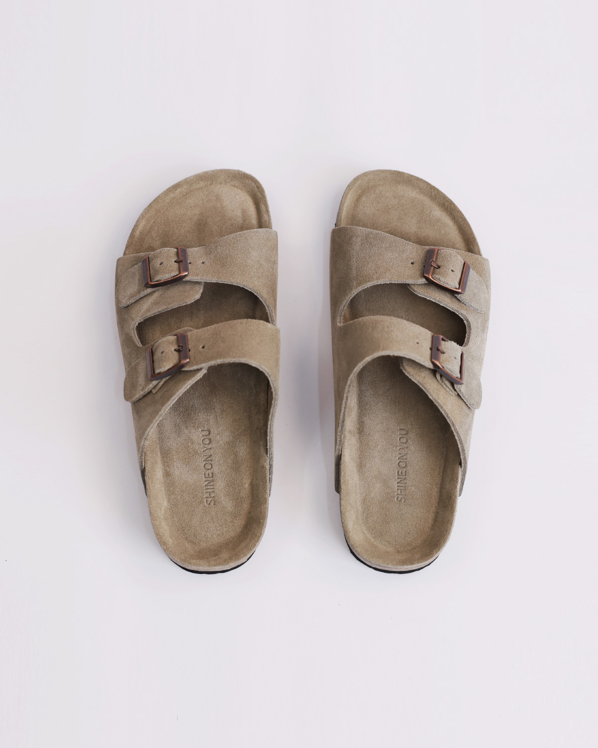 Suede Leather Double Buckle Slide Sandals_Sand Beige