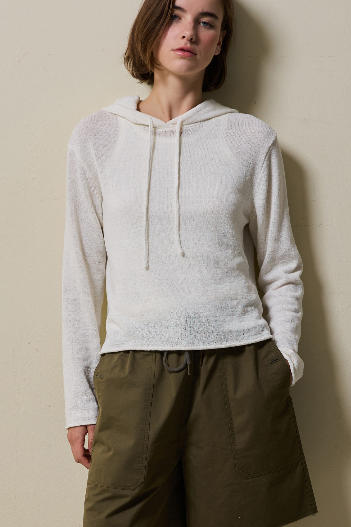 Airy Linen Blend Slim Knit Hoodie _ Natural Ivory