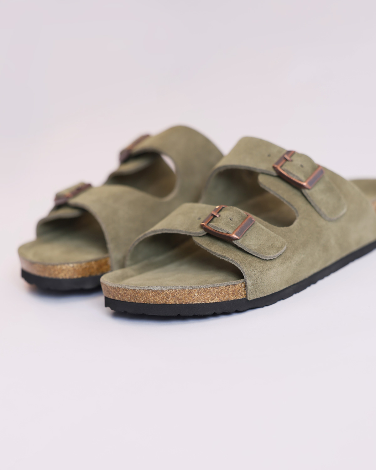 Suede Leather Double Buckle Slide Sandals_Sand Beige