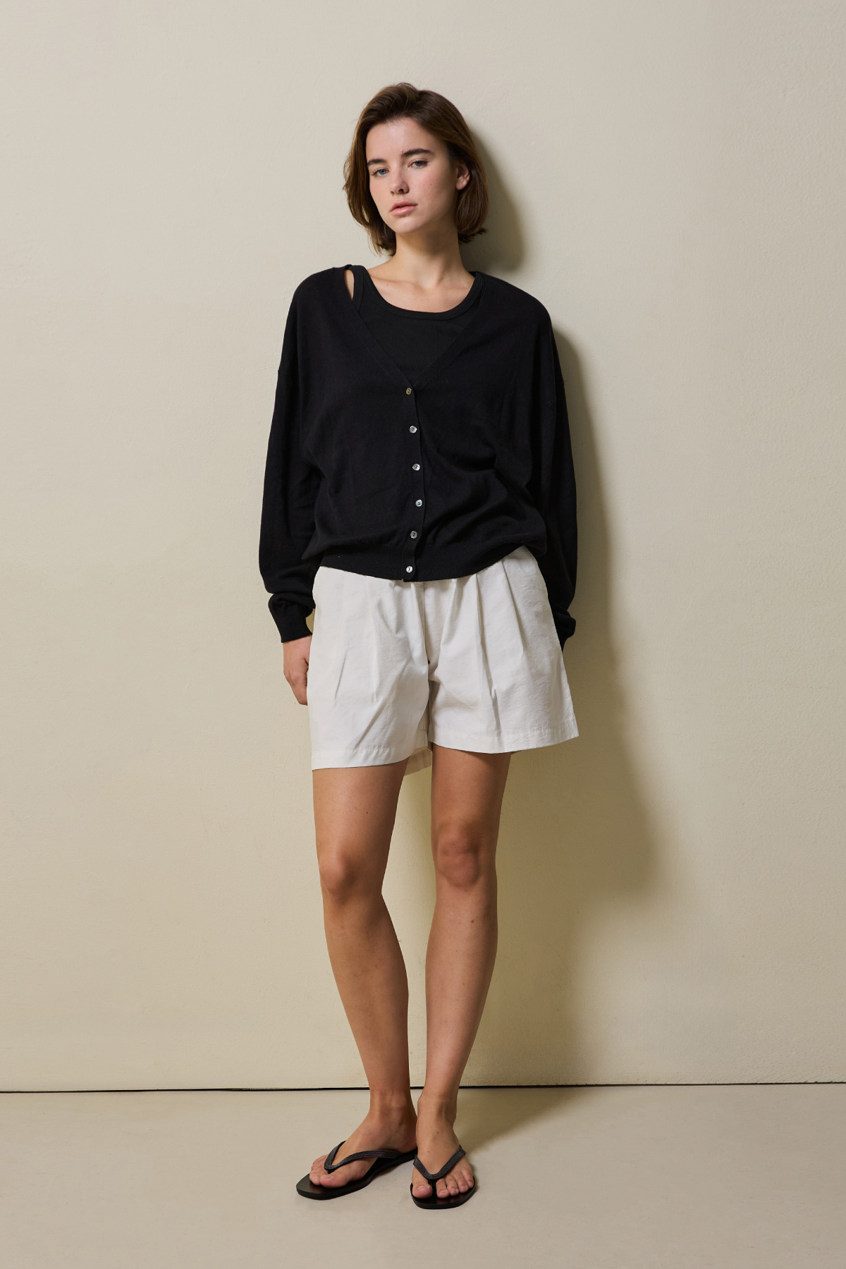 Linen Cotton Loose Fit Knit Cardigan _ Pure Black
