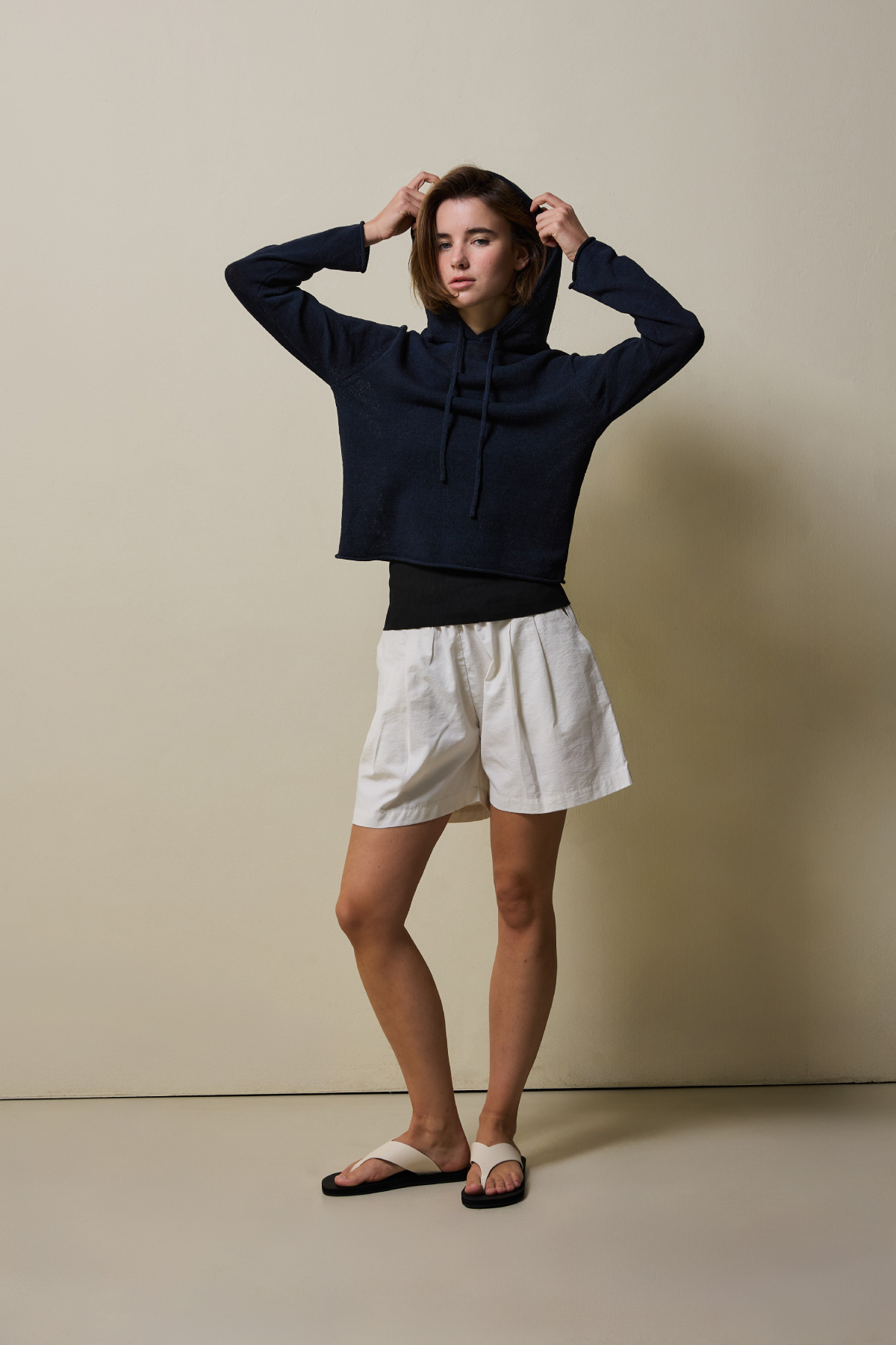 Cotton Blend Double Pleat Banding Shorts _ Pure Ivory