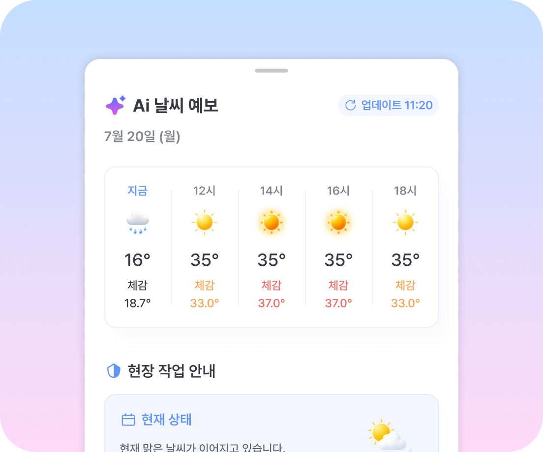 AI가 예측한 시간대별 체감온도와 현장 작업 안내 화면