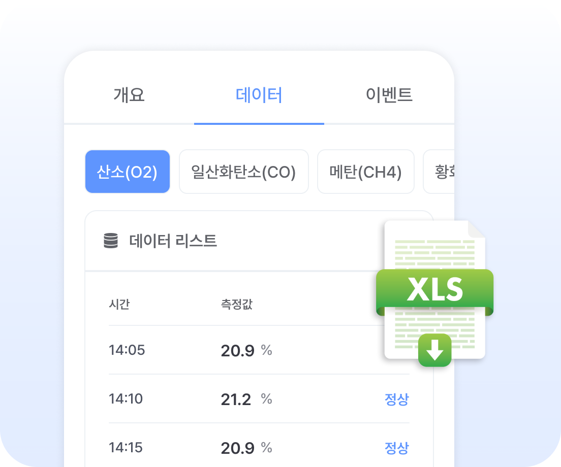 무사고 에어 측정 데이터 엑셀 추출 화면