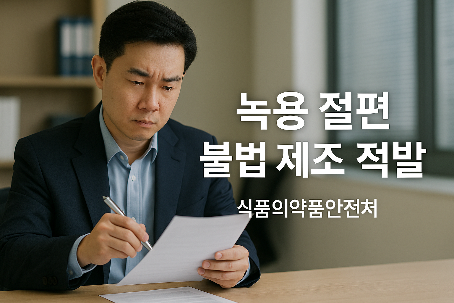 사무실에서 문서를 검토하는 한국 전문가 옆에 “녹용 절편 불법 제조 적발”이라는 글자가 선명하게 표시된 모습으로, 식품의약품안전처 단속 상황을 강조한 이미지