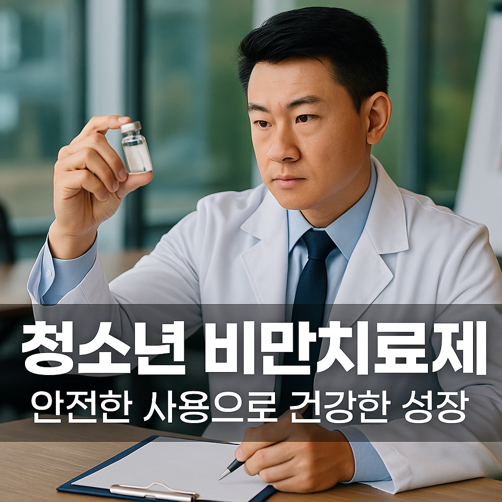 청소년 비만치료제의 안전한 사용을 위해 한국 의료 전문가가 GLP-1 계열 약물을 신중하게 검토하는 장면으로, 비만치료제 사용 대상 기준·IOTF BMI 판정·부작용 예방·정부 안전사용 가이드 등의 핵심 정보를 다루는 블로그 내용을 시각적으로 표현한 이미지