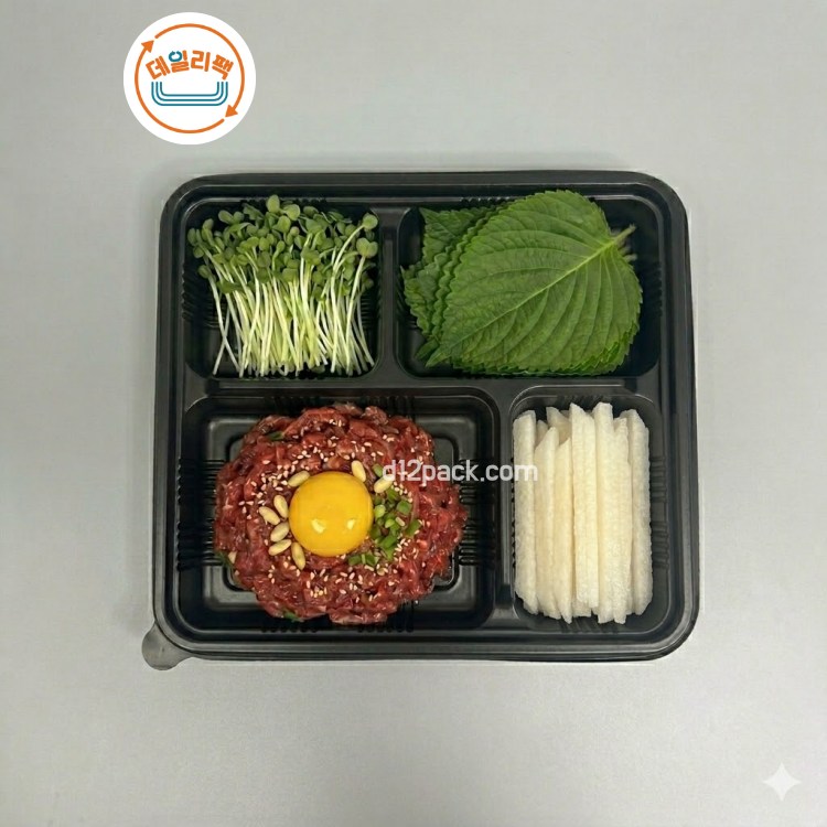 [소량 200세트] PP도시락 GP-15-4A 흑색 4칸용기 네칸용기 단체도시락 육회세트 (뚜껑PET)