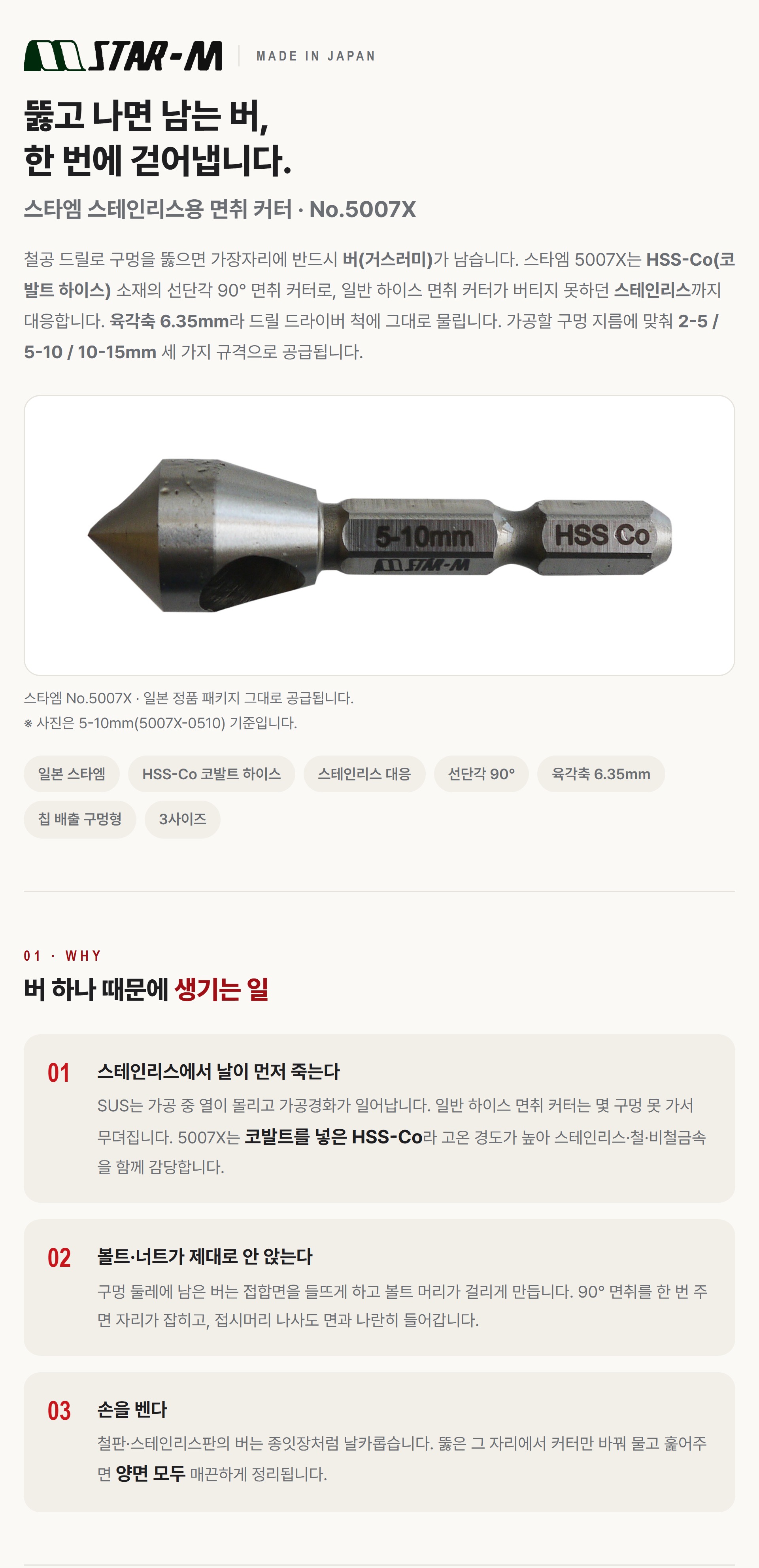 스타엠 스테인리스용 면취 커터 5007X 개요 - 철공 드릴 구멍의 버 제거와 90도 면취