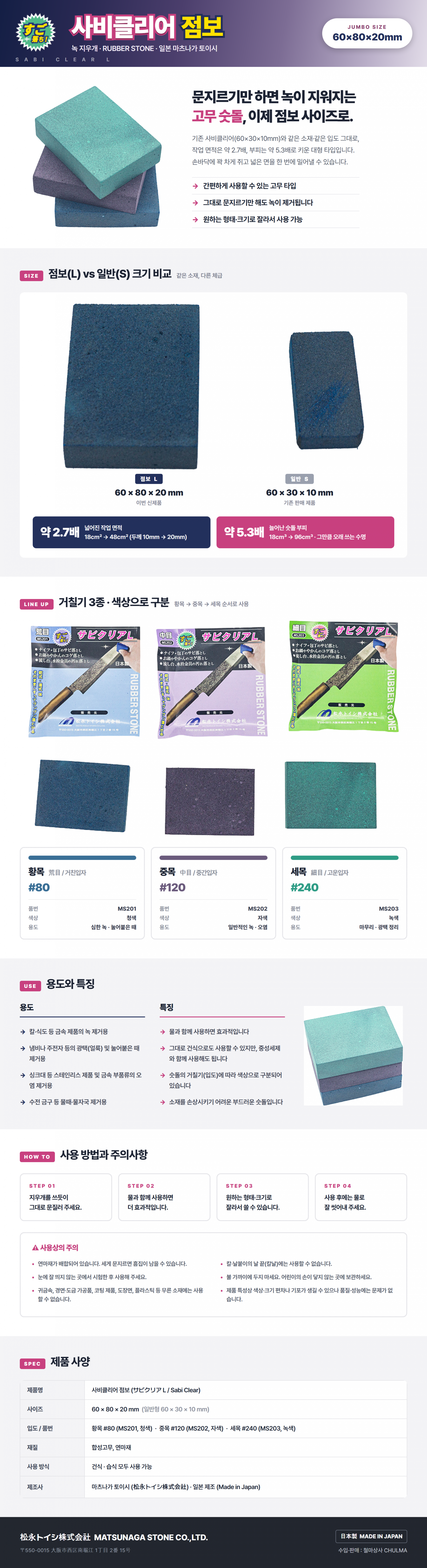 사비클리어 점보 녹지우개 상세 안내 - 60x80x20mm 대형 고무 숫돌, 황목 #80 중목 #120 세목 #240 3종
