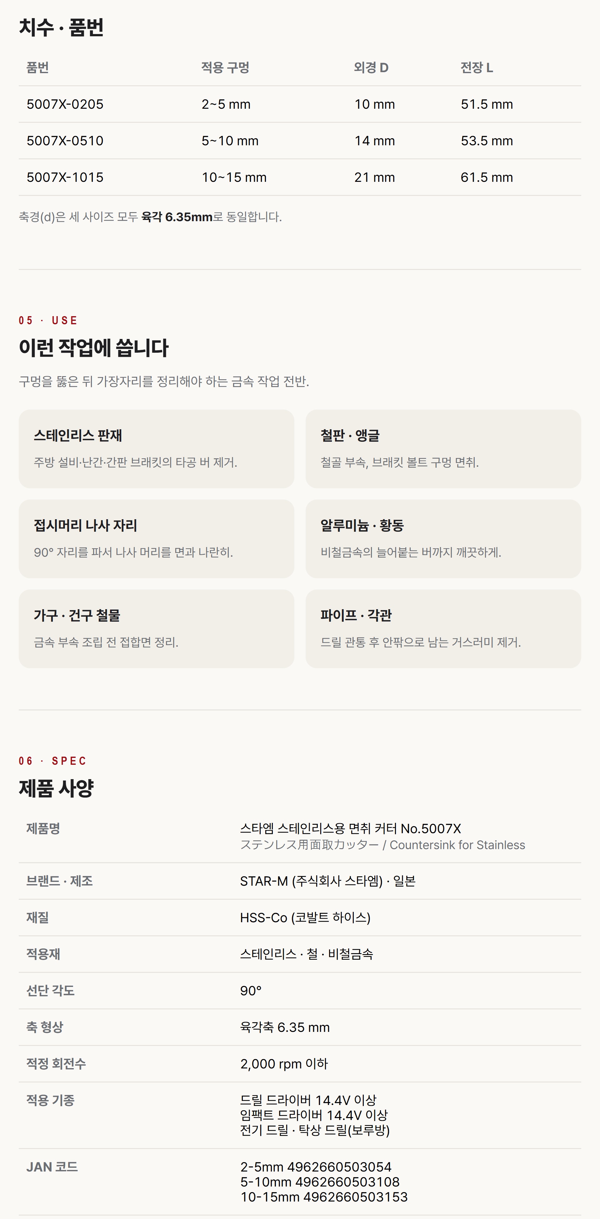 5007X 규격별 치수 품번표와 스테인리스 철판 파이프 등 사용 용도