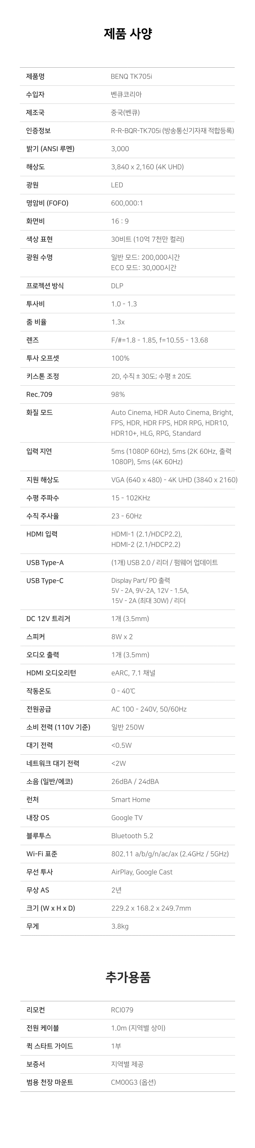BenQ TK705i 4K 프로젝터