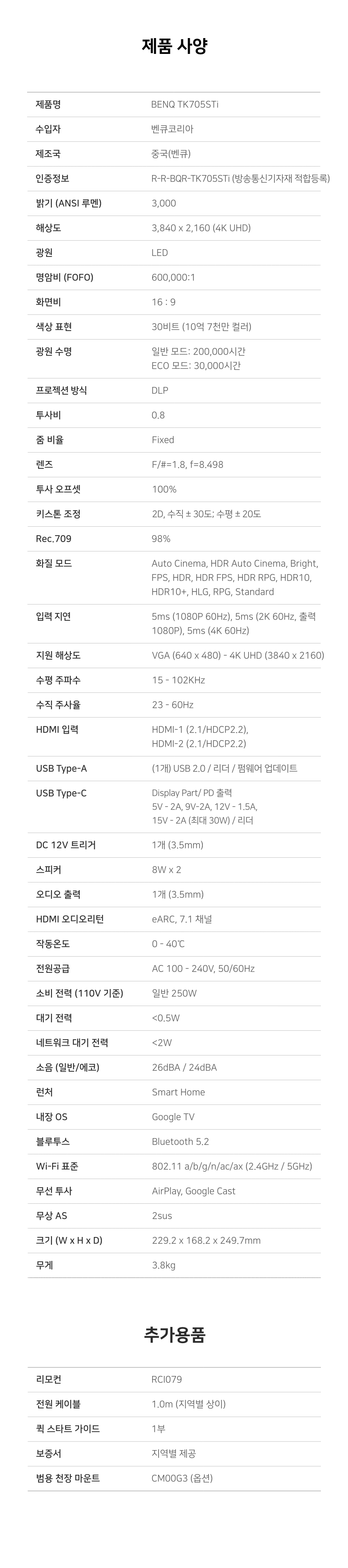 BenQ TK705STi 4K 프로젝터