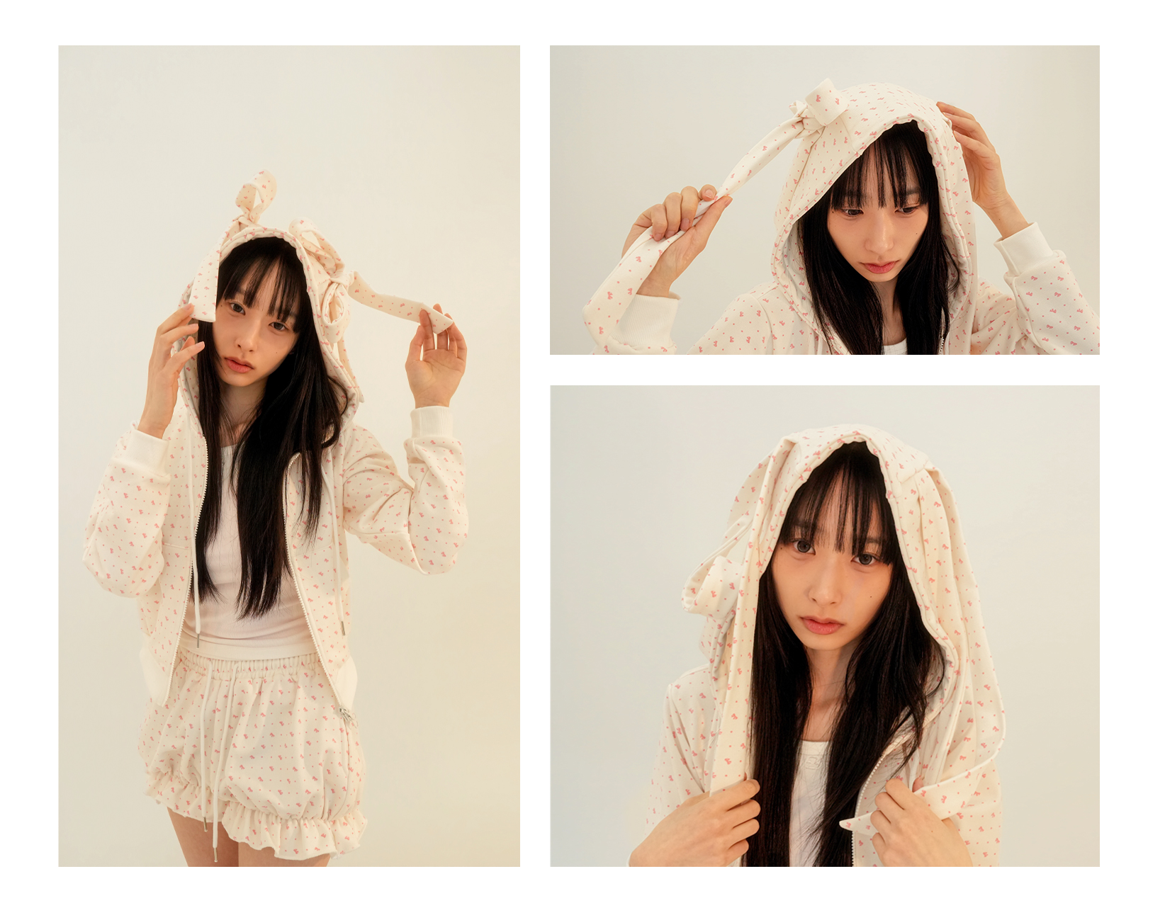 RIBBON HOODED ZIPUP - IVORY
