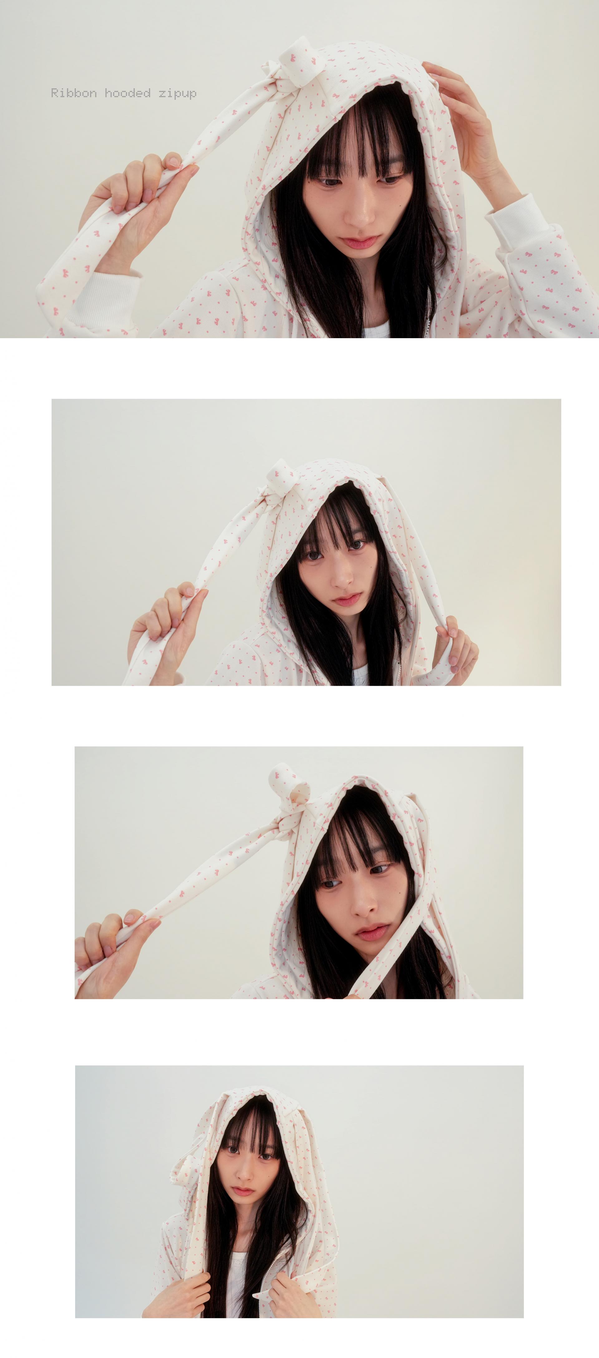 RIBBON HOODED ZIPUP - IVORY