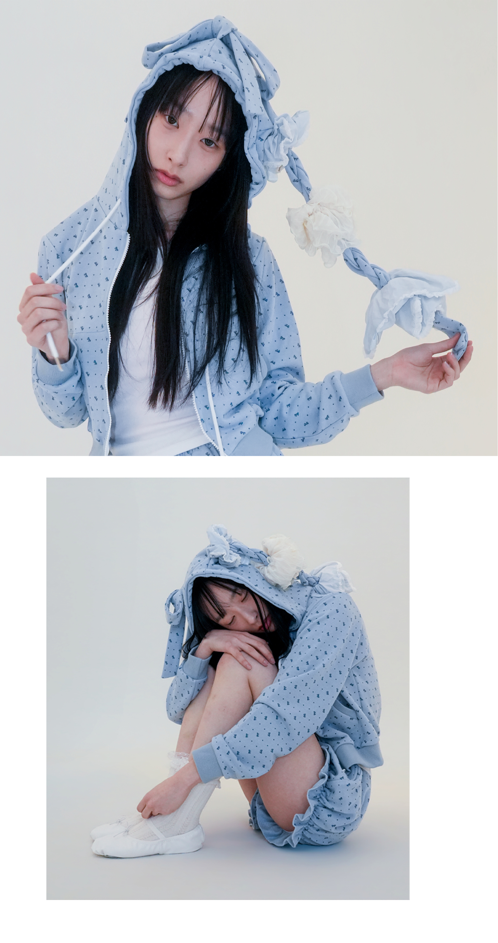 Ribbon Hooded Zipup - Blue