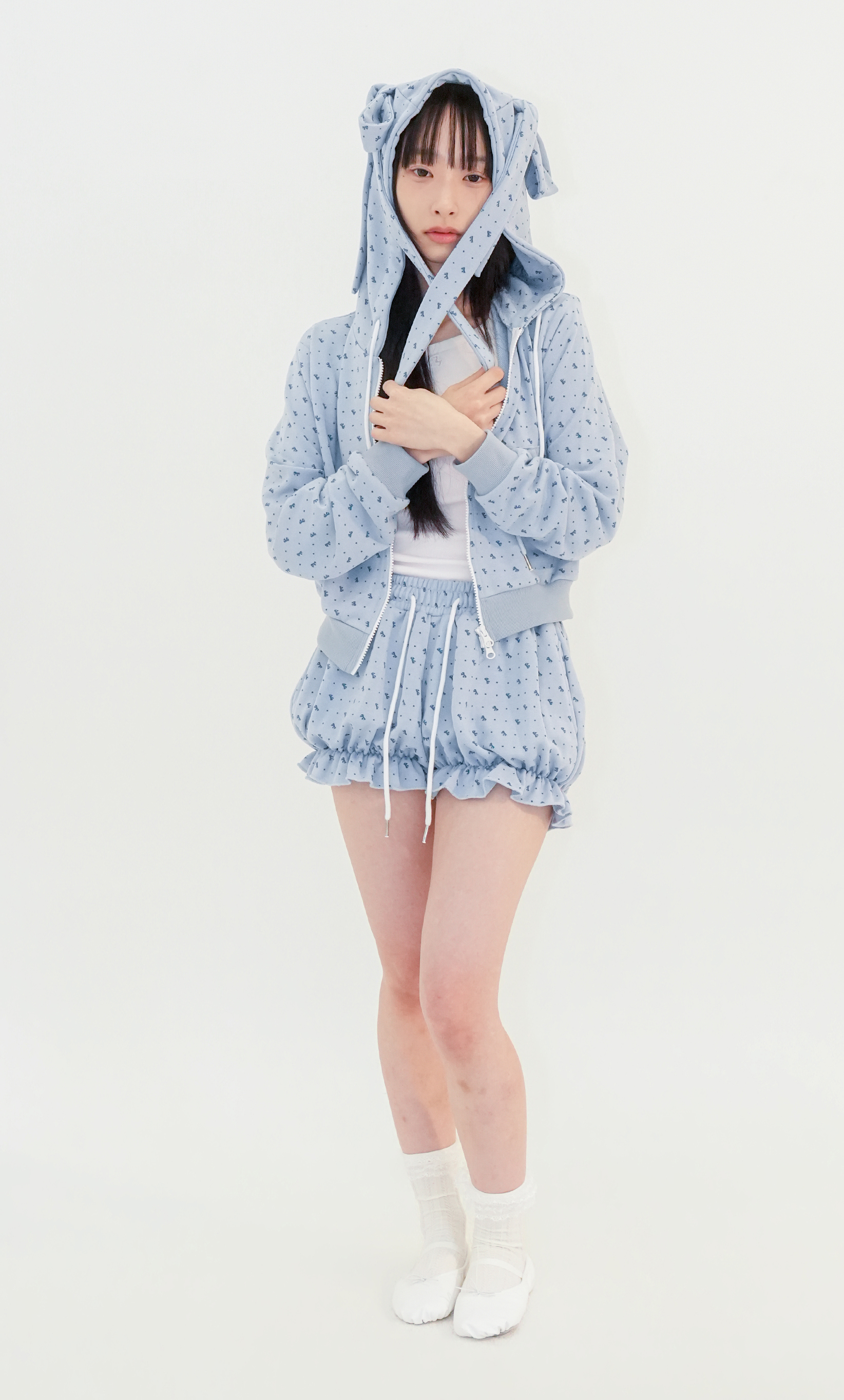 Ribbon Hooded Zipup - Blue