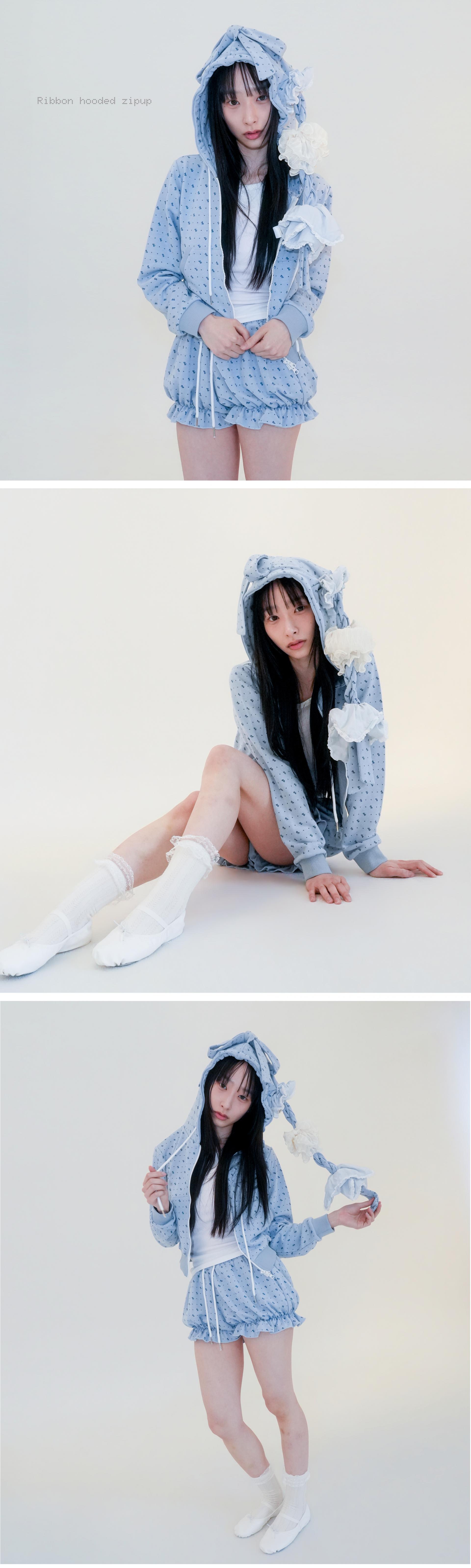 RIBBON HOODED ZIPUP - BLUE