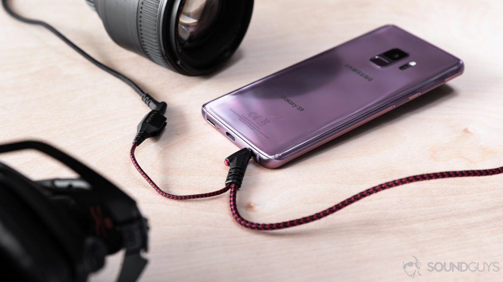 A picture of the V-Moda M-100 Master cables plugged into a Samsung Galaxy S9.