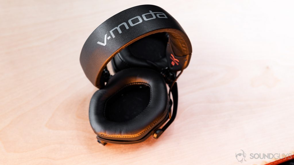 A picture of the V-Moda M-100 Master headphones twisted with the headband in focus.