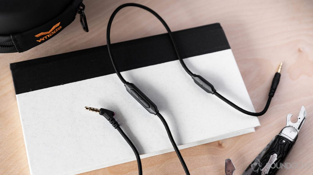 A picture of the V-Moda M-100 Master main headphone cable with two modules, an in-line remote and a microphone.