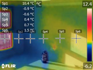 12월의 겨울, 창의 온도는 햇살을 받아도 10.4℃ 이며 벽체의 온도는 - 0.9℃ 입니다. 창문은 햇볕이 있으면 달아오르고 밤이면 가장 먼저 온도가 떨어 집니다. 창문 단열이 필료한 이유 입니다.