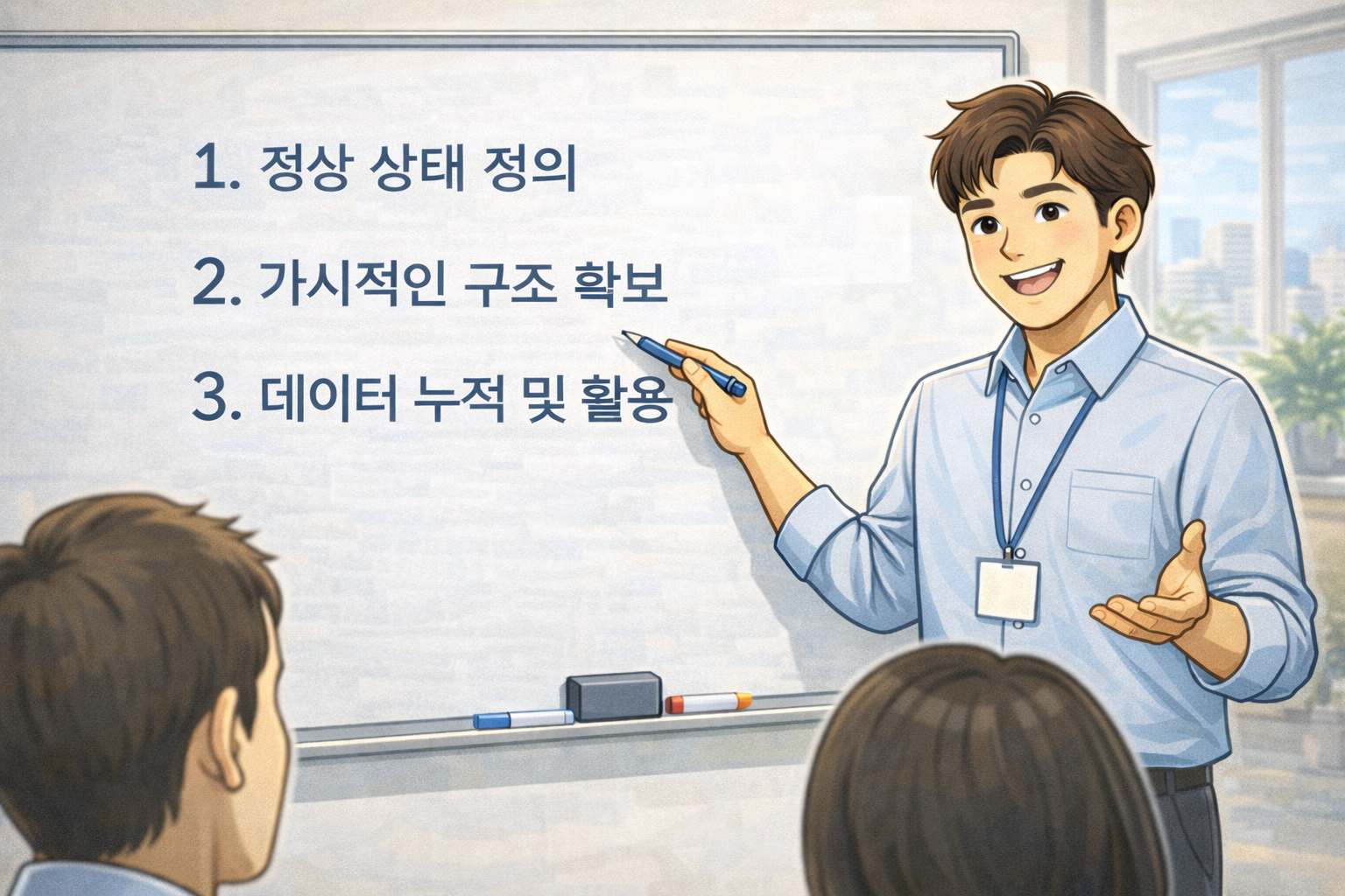 화이트보드에 ‘정상 상태 정의, 가시적인 구조 확보, 데이터 누적 및 활용’ 세 가지 원칙을 설명하는 공간 관리 담당자의 모습을 그린 일러스트