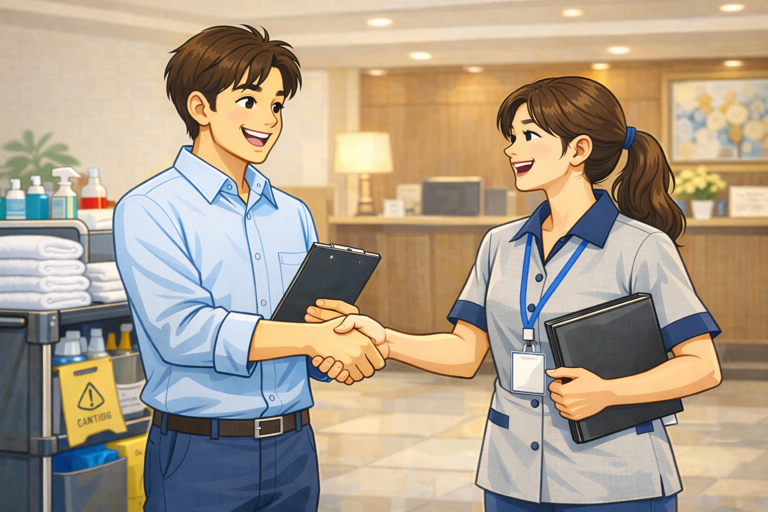 호텔 로비에서 공간 관리자와 호텔 청소 업체 담당자가 하우스키핑 카트 옆에서 만족스럽게 악수하며 파트너십을 확인하는 장면