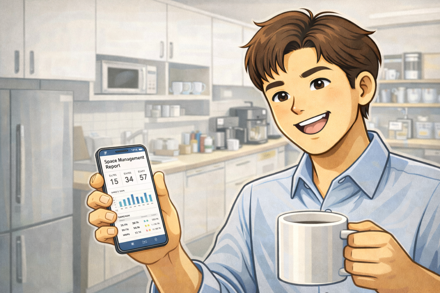사무실 탕비 공간에서 공간 관리자가 모바일 화면으로 공간 관리 리포트를 확인하며 운영 현황을 점검하는 장면