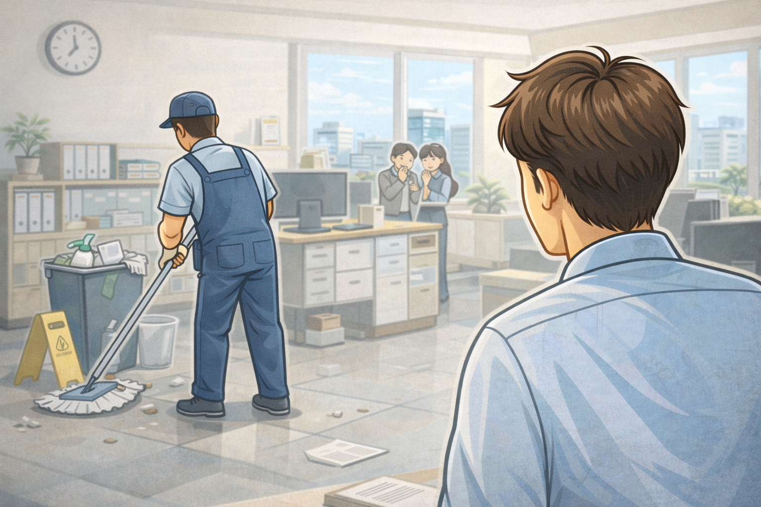 사무실 내부에서 청소 인력이 바닥 청소를 진행하는 동안, 뒤편에서 공간 관리자와 직원들이 청소 상태를 지켜보며 관리 품질에 대해 고민하는 장면