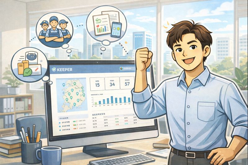 사무실 청소와 공간 관리를 플랫폼으로 통합 관리하는 다지점 매니저의 자신감을 표현한 일러스트 이미지