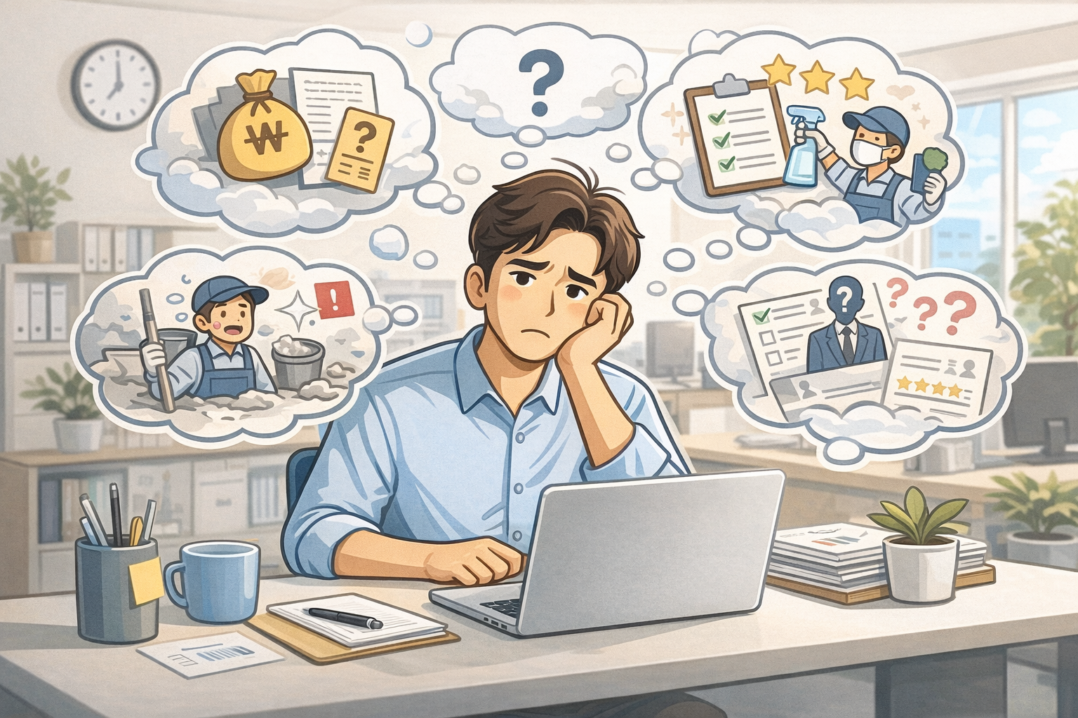 사무실 청소와 공간 관리를 플랫폼으로 통합 관리하는 다지점 매니저의 자신감을 표현한 일러스트 이미지